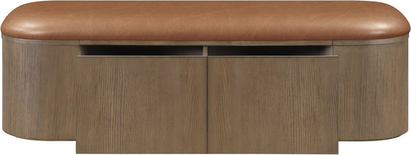 Meridian Furniture Velden Art Deco Vegan Leather Storage Bench with Walnut Base for Bedroom Entry 22071Cognac