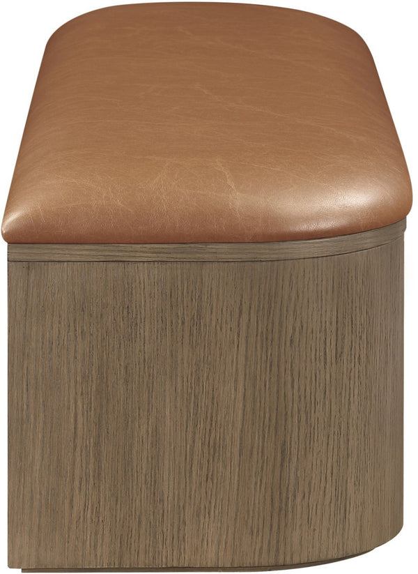 Meridian Furniture Velden Art Deco Vegan Leather Storage Bench with Walnut Base for Bedroom Entry 22071Cognac