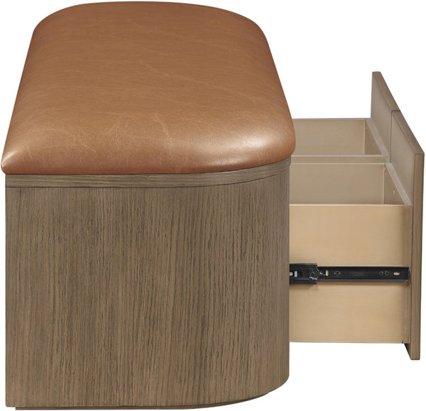 Meridian Furniture Velden Art Deco Vegan Leather Storage Bench with Walnut Base for Bedroom Entry 22071Cognac