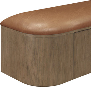Meridian Furniture Velden Art Deco Vegan Leather Storage Bench with Walnut Base for Bedroom Entry 22071Cognac