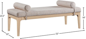 Meridian Furniture Priscilla Art Deco Upholstered Bench with Woven Fabric Bolster Pillows for Bedroom Entry Beige 22072Beige