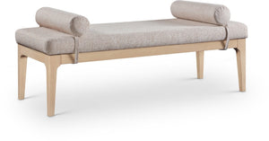 Meridian Furniture Priscilla Art Deco Upholstered Bench with Woven Fabric Bolster Pillows for Bedroom Entry Beige 22072Beige