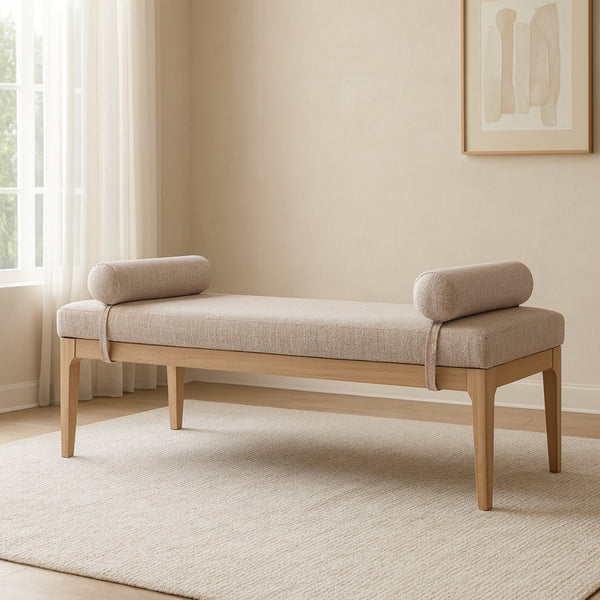 Meridian Furniture Priscilla Art Deco Upholstered Bench with Woven Fabric Bolster Pillows for Bedroom Entry Beige 22072Beige