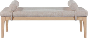 Meridian Furniture Priscilla Art Deco Upholstered Bench with Woven Fabric Bolster Pillows for Bedroom Entry Beige 22072Beige