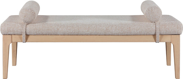 Meridian Furniture Priscilla Art Deco Upholstered Bench with Woven Fabric Bolster Pillows for Bedroom Entry Beige 22072Beige
