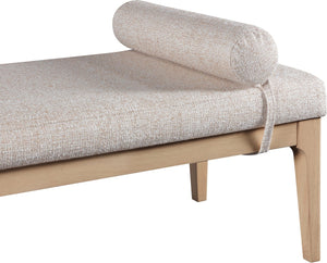 Meridian Furniture Priscilla Art Deco Upholstered Bench with Woven Fabric Bolster Pillows for Bedroom Entry Beige 22072Beige