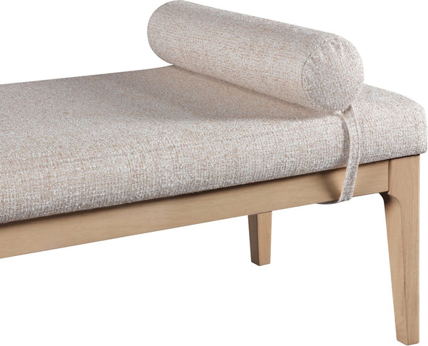 Meridian Furniture Priscilla Art Deco Upholstered Bench with Woven Fabric Bolster Pillows for Bedroom Entry Beige 22072Beige