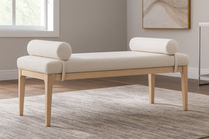 Meridian Furniture Priscilla Art Deco Upholstered Bench with Woven Fabric Bolster Pillows for Bedroom Entry Cream - A 22072Cream