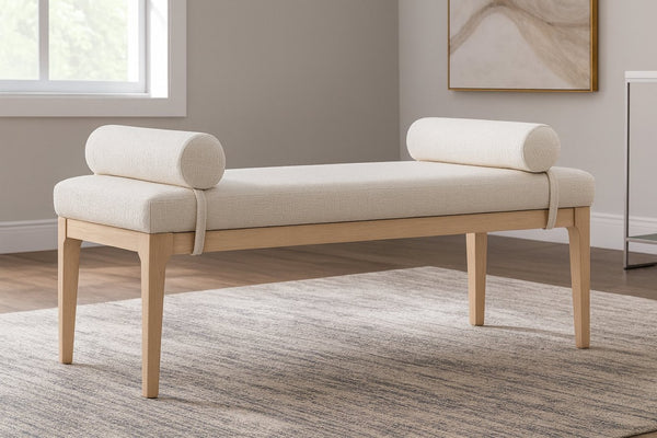 Meridian Furniture Priscilla Art Deco Upholstered Bench with Woven Fabric Bolster Pillows for Bedroom Entry Cream - A 22072Cream