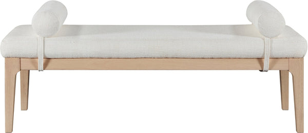 Meridian Furniture Priscilla Art Deco Upholstered Bench with Woven Fabric Bolster Pillows for Bedroom Entry Cream - A 22072Cream