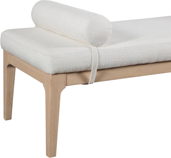 Meridian Furniture Priscilla Art Deco Upholstered Bench with Woven Fabric Bolster Pillows for Bedroom Entry Cream - A 22072Cream