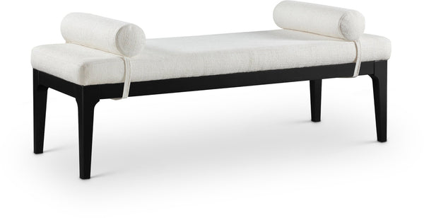Meridian Furniture Priscilla Art Deco Upholstered Bench with Woven Fabric Bolster Pillows for Bedroom Entry Cream - B 22073Cream
