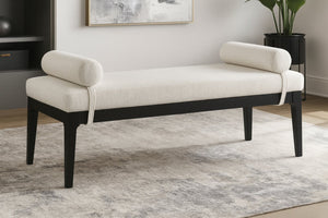 Meridian Furniture Priscilla Art Deco Upholstered Bench with Woven Fabric Bolster Pillows for Bedroom Entry Cream - B 22073Cream