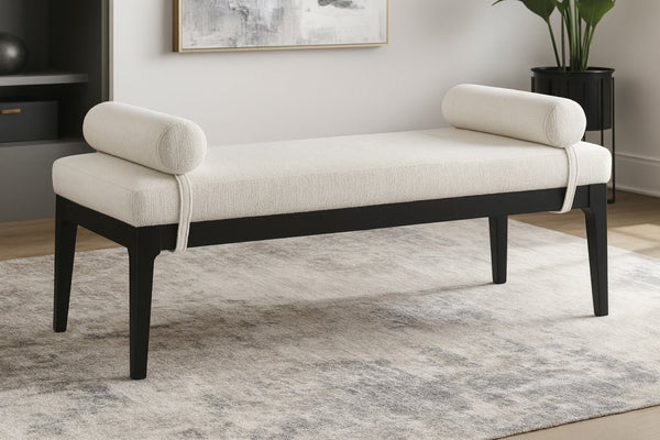 Meridian Furniture Priscilla Art Deco Upholstered Bench with Woven Fabric Bolster Pillows for Bedroom Entry Cream - B 22073Cream