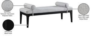 Meridian Furniture Priscilla Art Deco Upholstered Bench with Woven Fabric Bolster Pillows for Bedroom Entry Grey 22073Grey
