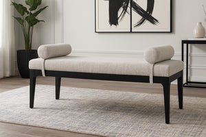 Meridian Furniture Priscilla Art Deco Upholstered Bench with Woven Fabric Bolster Pillows for Bedroom Entry Grey 22073Grey