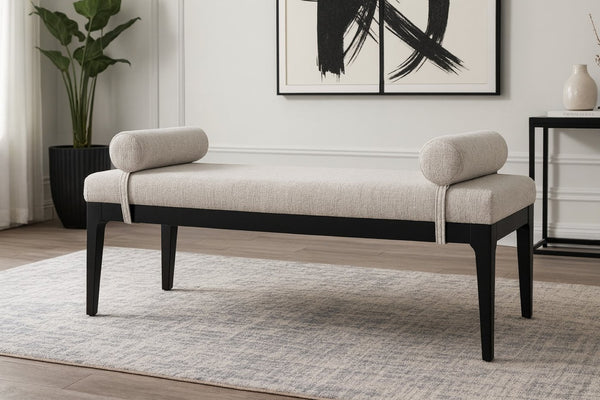 Meridian Furniture Priscilla Art Deco Upholstered Bench with Woven Fabric Bolster Pillows for Bedroom Entry Grey 22073Grey