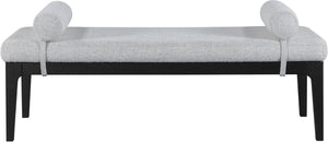 Meridian Furniture Priscilla Art Deco Upholstered Bench with Woven Fabric Bolster Pillows for Bedroom Entry Grey 22073Grey
