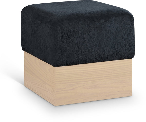 Meridian Furniture Havre Plush Velour Fur Cube Ottoman with Art Deco Base for Living Room Accent Piece Black A 22074Black