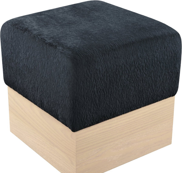 Meridian Furniture Havre Plush Velour Fur Cube Ottoman with Art Deco Base for Living Room Accent Piece Black A 22074Black