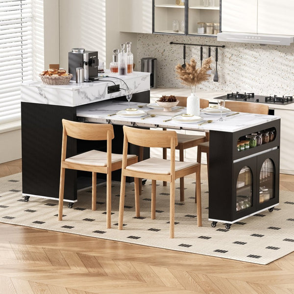 English Elm Trexm Rolling Kitchen Island Extendable Marble Top Cabinet Drawers Power Outlet Black,White Marble XW000029AAB