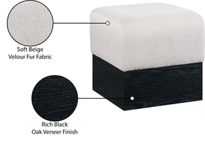 Meridian Furniture Havre Plush Velour Fur Cube Ottoman with Art Deco Base for Living Room Accent Piece Beige B 22075Beige