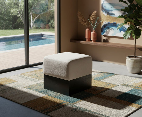 Meridian Furniture Havre Plush Velour Fur Cube Ottoman with Art Deco Base for Living Room Accent Piece Beige B 22075Beige