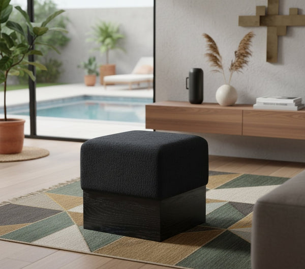 Meridian Furniture Havre Plush Velour Fur Cube Ottoman with Art Deco Base for Living Room Accent Piece Black B 22075Black