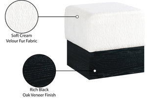 Meridian Furniture Havre Plush Velour Fur Cube Ottoman with Art Deco Base for Living Room Accent Piece Cream B 22075Cream