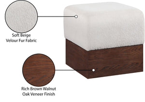 Meridian Furniture Havre Plush Velour Fur Cube Ottoman with Art Deco Base for Living Room Accent Piece Beige C 22076Beige