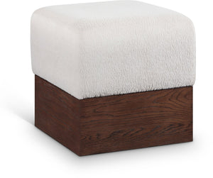 Meridian Furniture Havre Plush Velour Fur Cube Ottoman with Art Deco Base for Living Room Accent Piece Beige C 22076Beige