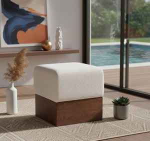 Meridian Furniture Havre Plush Velour Fur Cube Ottoman with Art Deco Base for Living Room Accent Piece Beige C 22076Beige
