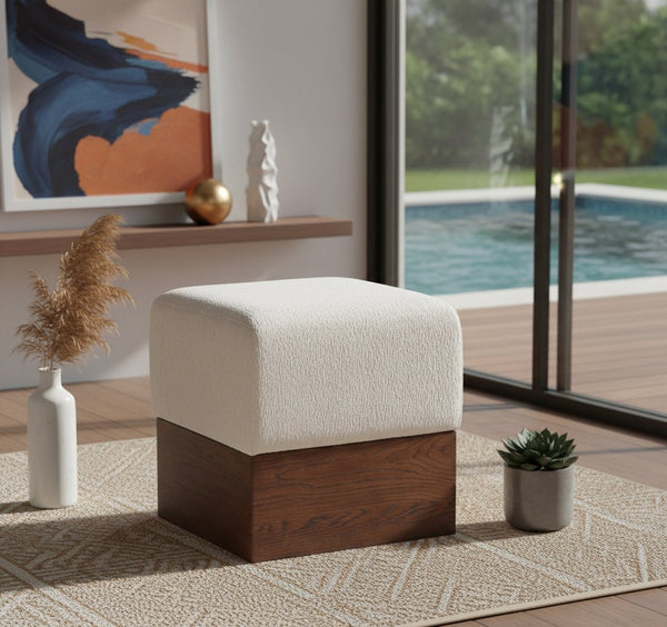 Meridian Furniture Havre Plush Velour Fur Cube Ottoman with Art Deco Base for Living Room Accent Piece Beige C 22076Beige