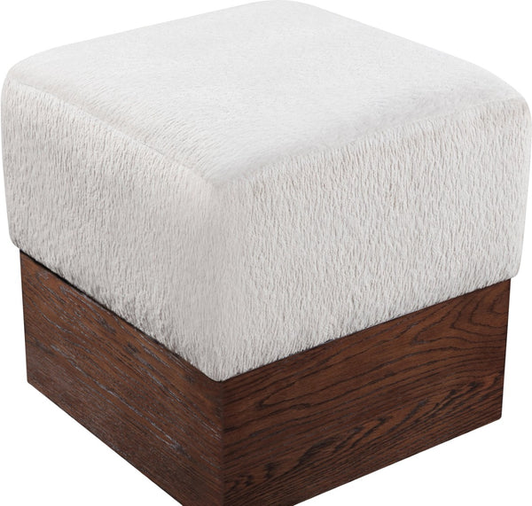 Meridian Furniture Havre Plush Velour Fur Cube Ottoman with Art Deco Base for Living Room Accent Piece Beige C 22076Beige
