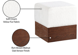 Meridian Furniture Havre Plush Velour Fur Cube Ottoman with Art Deco Base for Living Room Accent Piece Cream C 22076Cream