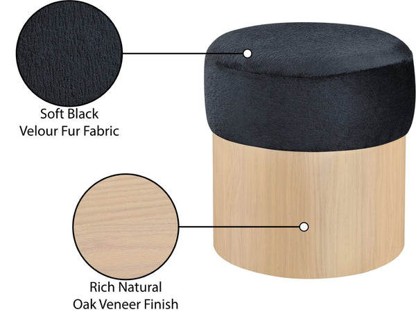 Meridian Furniture Nimes Plush Velour Fur Cylindrical Ottoman with Art Deco Base for Living Room Accent Seat Black Style 1 22077Black