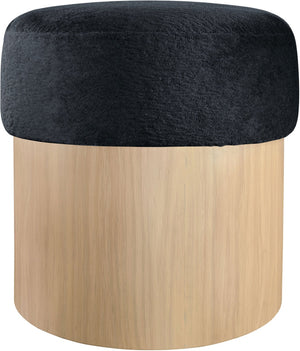 Meridian Furniture Nimes Plush Velour Fur Cylindrical Ottoman with Art Deco Base for Living Room Accent Seat Black Style 1 22077Black