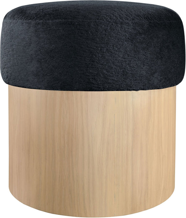 Meridian Furniture Nimes Plush Velour Fur Cylindrical Ottoman with Art Deco Base for Living Room Accent Seat Black Style 1 22077Black