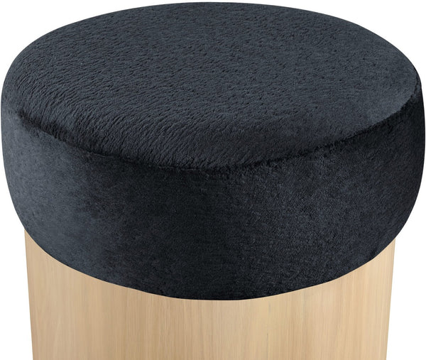 Meridian Furniture Nimes Plush Velour Fur Cylindrical Ottoman with Art Deco Base for Living Room Accent Seat Black Style 1 22077Black