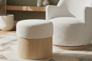 Meridian Furniture Nimes Plush Velour Fur Cylindrical Ottoman with Art Deco Base for Living Room Accent Seat Cream Style 1 22077Cream
