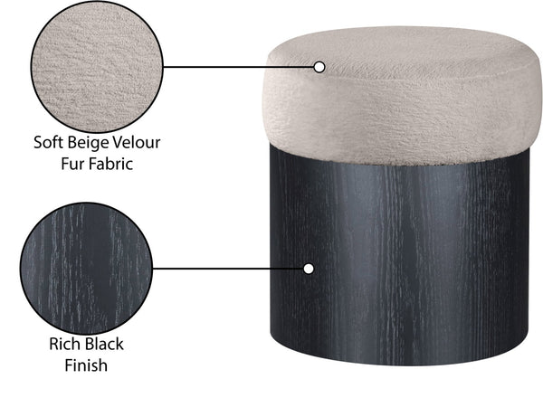 Meridian Furniture Nimes Plush Velour Fur Cylindrical Ottoman with Art Deco Base for Living Room Accent Seat Beige Style 2 22078Beige