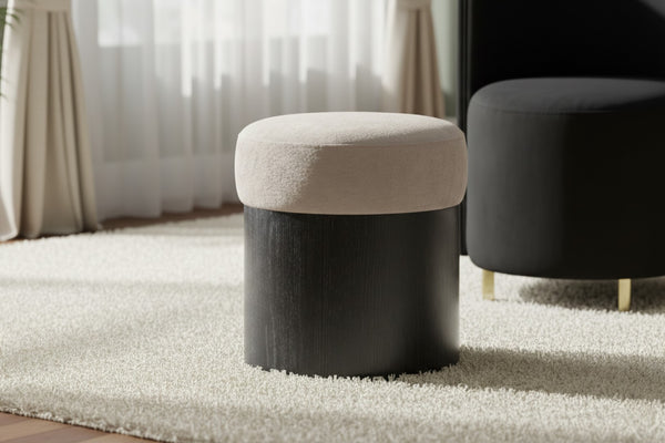 Meridian Furniture Nimes Plush Velour Fur Cylindrical Ottoman with Art Deco Base for Living Room Accent Seat Beige Style 2 22078Beige