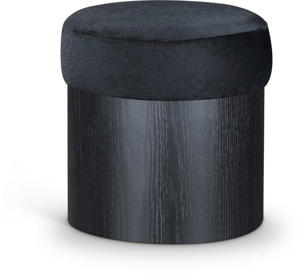 Meridian Furniture Nimes Plush Velour Fur Cylindrical Ottoman with Art Deco Base for Living Room Accent Seat Black Style 2 22078Black