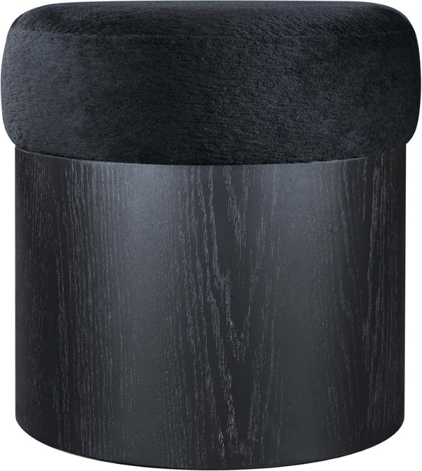 Meridian Furniture Nimes Plush Velour Fur Cylindrical Ottoman with Art Deco Base for Living Room Accent Seat Black Style 2 22078Black