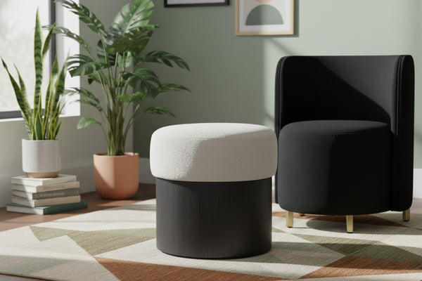 Meridian Furniture Nimes Plush Velour Fur Cylindrical Ottoman with Art Deco Base for Living Room Accent Seat Cream Style 2 22078Cream