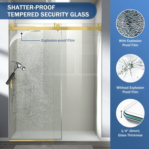 English Elm 56" Frameless Sliding Shower Door Tempered Glass Soft Close Matte Hardware Alcove Fit Gold+Glass W1920P385328