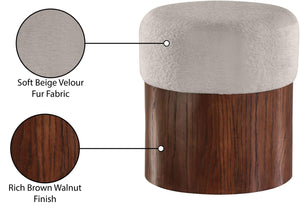 Meridian Furniture Nimes Plush Velour Fur Cylindrical Ottoman with Art Deco Base for Living Room Accent Seat Beige Style 3 22079Beige