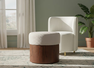 Meridian Furniture Nimes Plush Velour Fur Cylindrical Ottoman with Art Deco Base for Living Room Accent Seat Beige Style 3 22079Beige