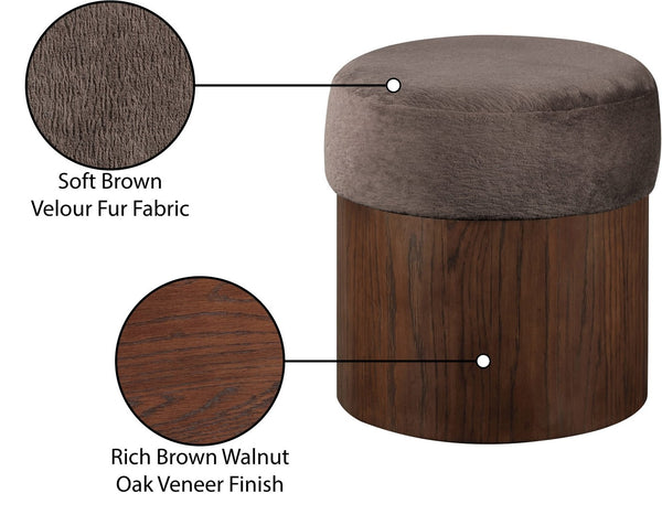 Meridian Furniture Nimes Plush Velour Fur Cylindrical Ottoman with Art Deco Base for Living Room Accent Seat Brown Style 3 22079Brown