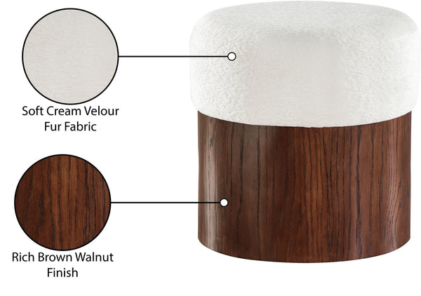Meridian Furniture Nimes Plush Velour Fur Cylindrical Ottoman with Art Deco Base for Living Room Accent Seat Cream Style 3 22079Cream